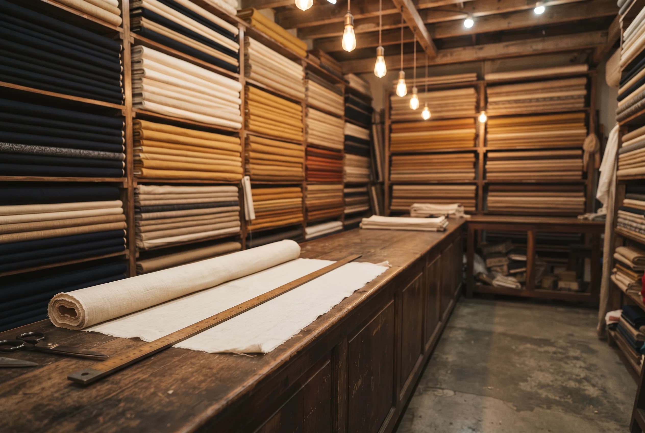 A wholesale cloth counter in Naranpura with folded fabric bolts.